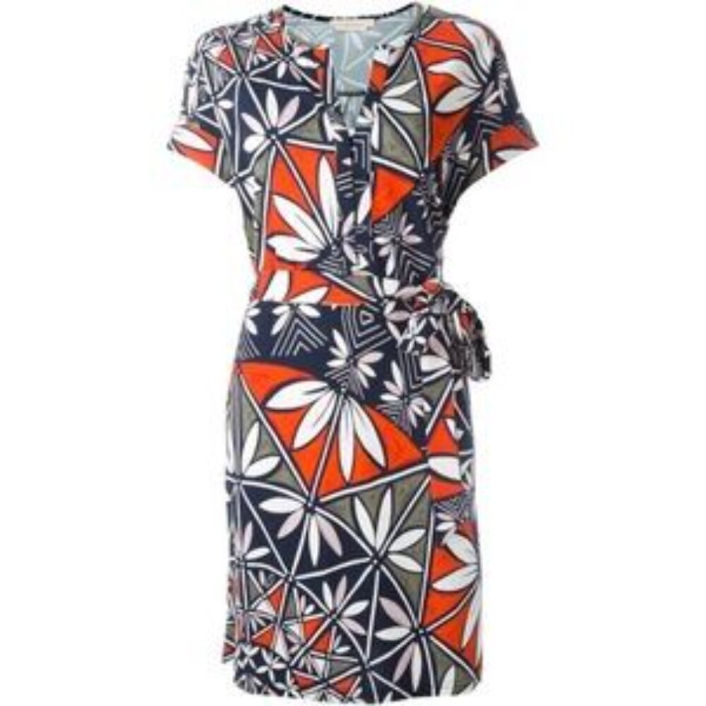 Tory Burch Navy, Orange, White & Olive Floral Geometric Wrap Mini Dress